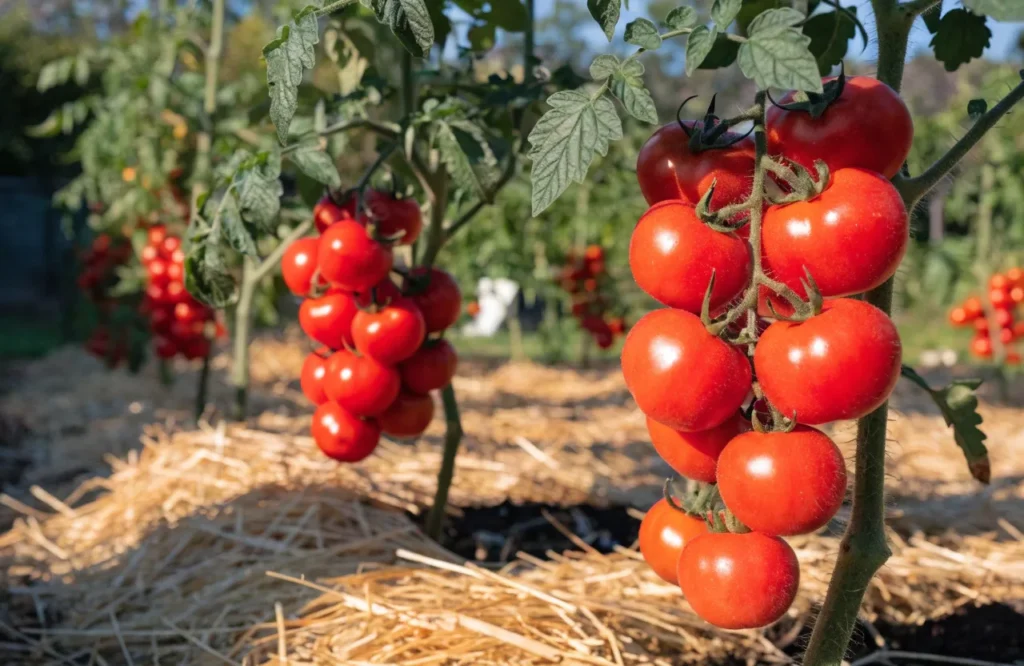 Tomato plants mulched with straw to conserve soil moisture, suppress weeds, and improve long-term soil health.