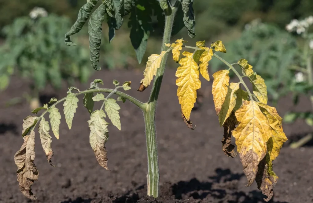 Why Are My Tomato Plant Leaves Turning Yellow? 18 Causes & Easy Fixes 10 Tomato plant showing Fusarium or Verticillium wilt with one-sided yellowing, drooping leaves, and reduced growth in a home garden.