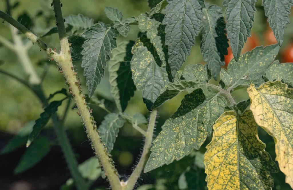 Why Are My Tomato Plant Leaves Turning Yellow? 18 Causes & Easy Fixes 12 Tomato leaves infested with aphids and spider mites showing yellow speckling, curling, and fine webbing in a vegetable garden