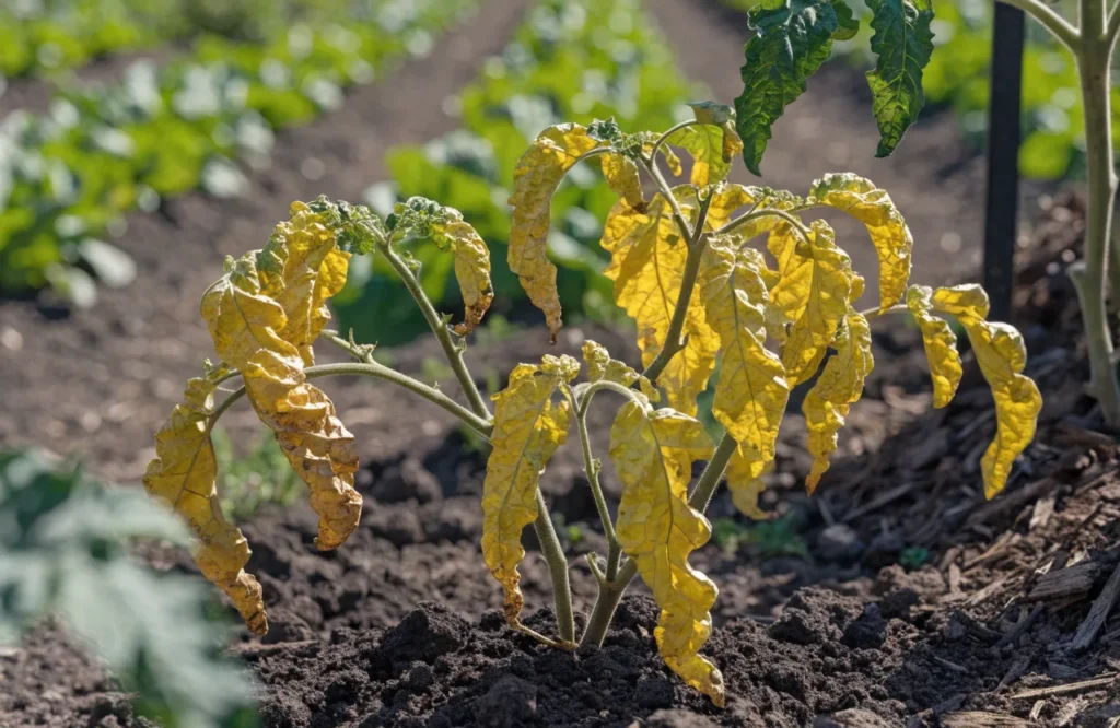 Why Are My Tomato Plant Leaves Turning Yellow? 18 Causes & Easy Fixes 11 Tomato plant infected with Tomato Yellow Leaf Curl Virus showing curled yellow leaves, stunted growth, and reduced fruit production.