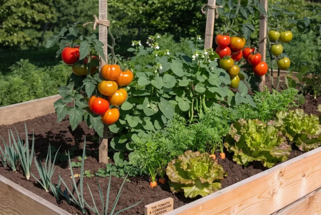 15 Best Tomato Companion Plants: What to Plant & What to Avoid for a Healthier Harvest 13 Best vegetables to grow with tomatoes including bush beans, lettuce, carrots, and onions in a companion planting vegetable garden.