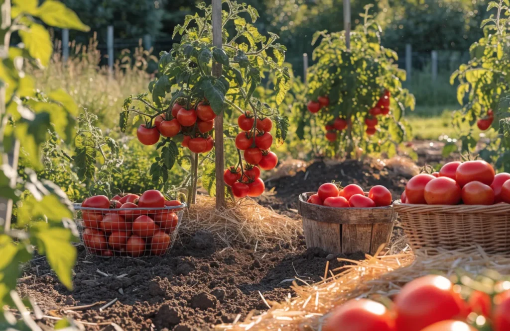 Healthy tomato garden with rich soil producing an abundant harvest of ripe tomatoes.