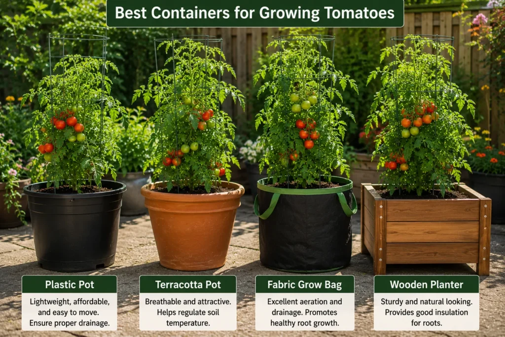 Different containers used for growing tomatoes in pots