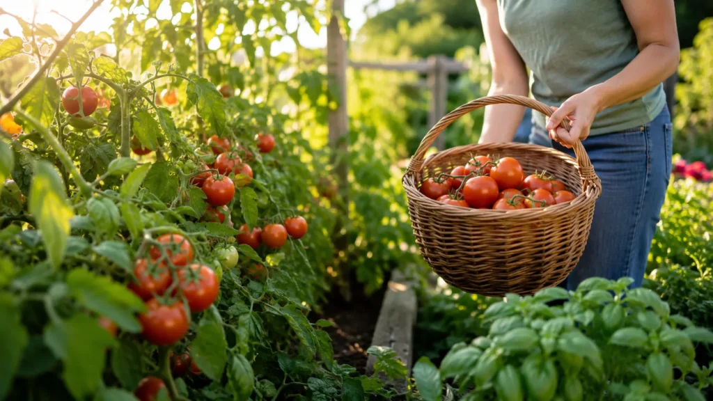 Healthy tomato plants producing a large harvest after proper fertilization in a backyard vegetable garden.
