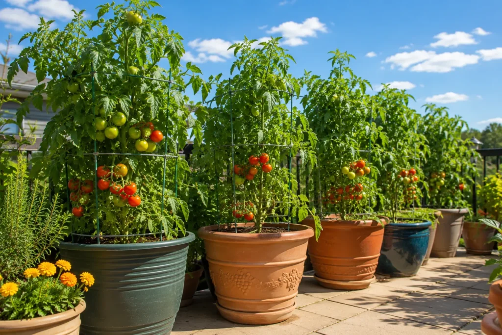 Tomato plants in pots placed in full sun