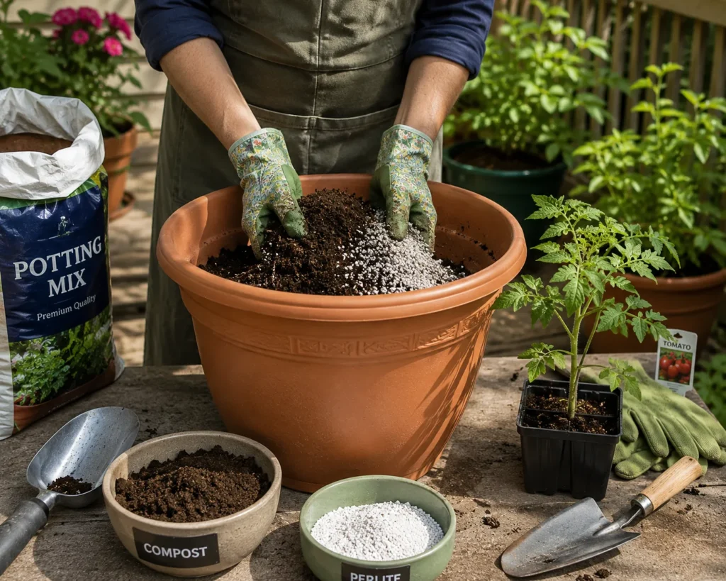 Preparing potting mix for growing tomatoes in pots