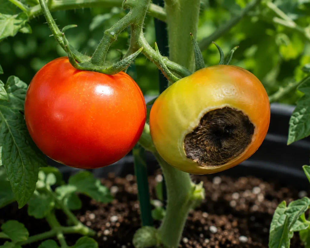 Tomato affected by blossom end rot growing in a pot