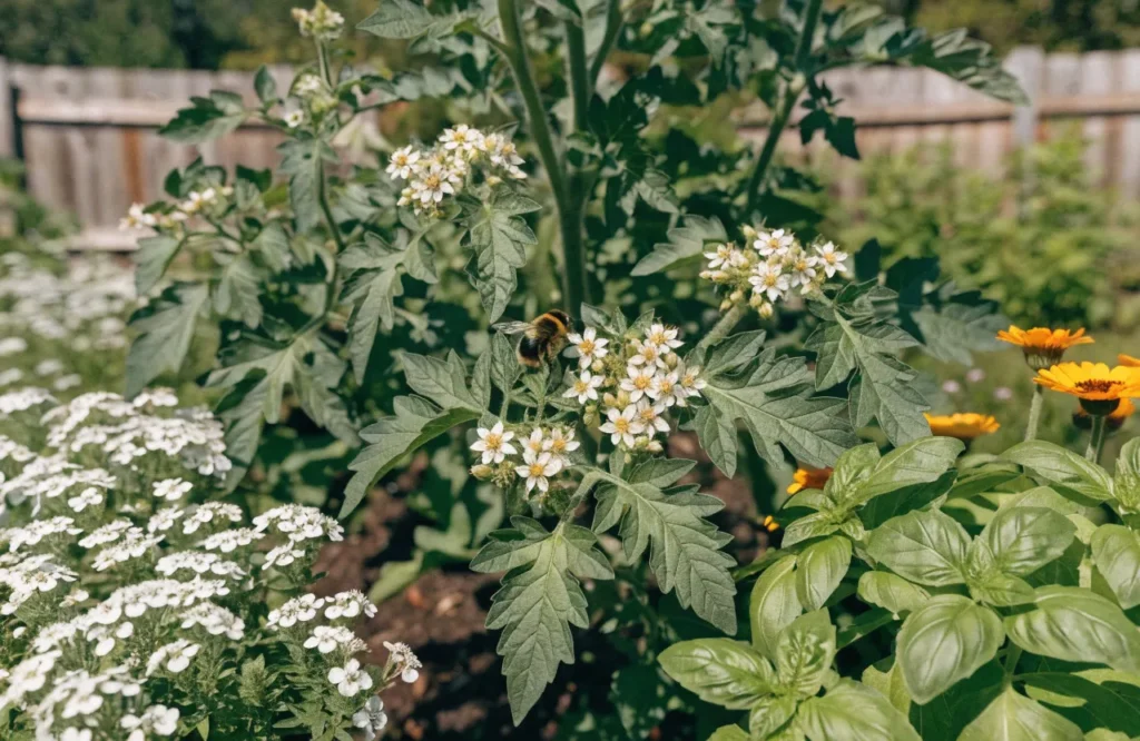 15 Best Tomato Companion Plants: What to Plant & What to Avoid for a Healthier Harvest 4 Bees pollinating tomato flowers with companion plants nearby