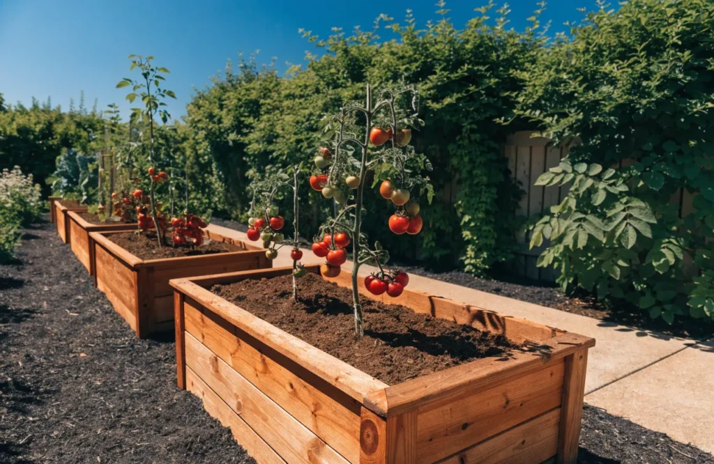Raised garden beds with nutrient-rich soil producing healthy tomato plants.