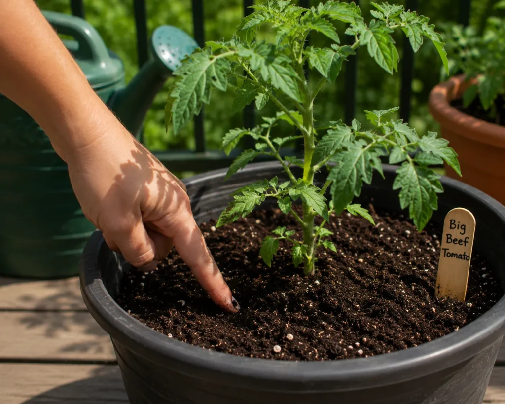 Checking soil moisture in a potted tomato plant