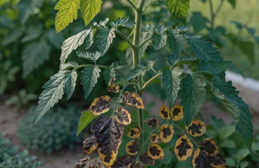 Why Are My Tomato Plant Leaves Turning Yellow? 18 Causes & Easy Fixes 8 Tomato plant with Septoria leaf spot showing small gray-white spots with dark borders on yellowing lower leaves in a vegetable garden.