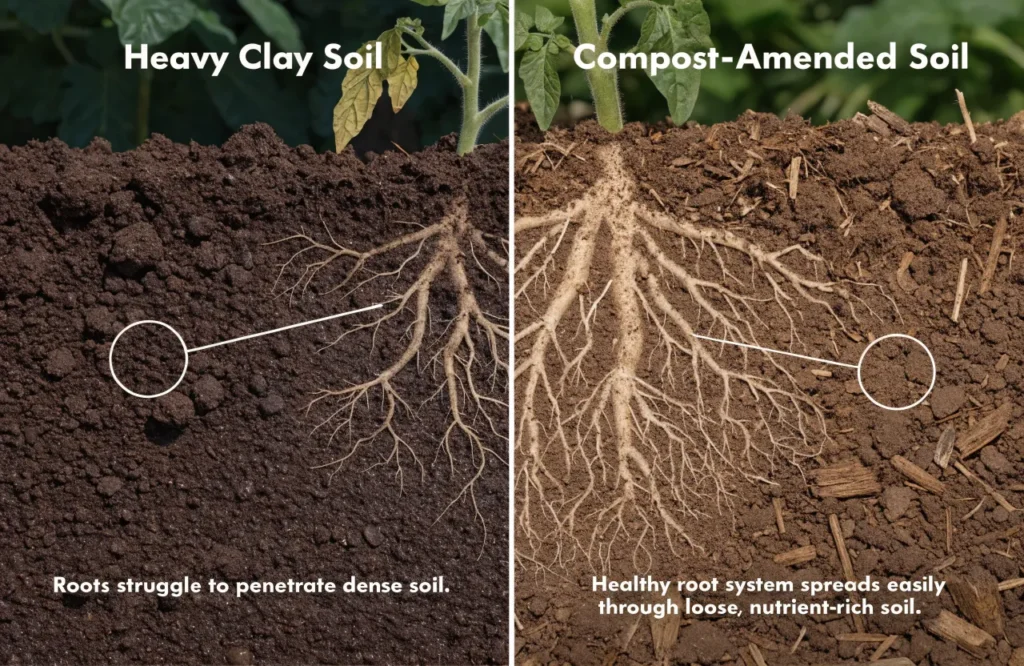 Comparison of compacted clay soil and compost-improved soil for growing tomatoes.