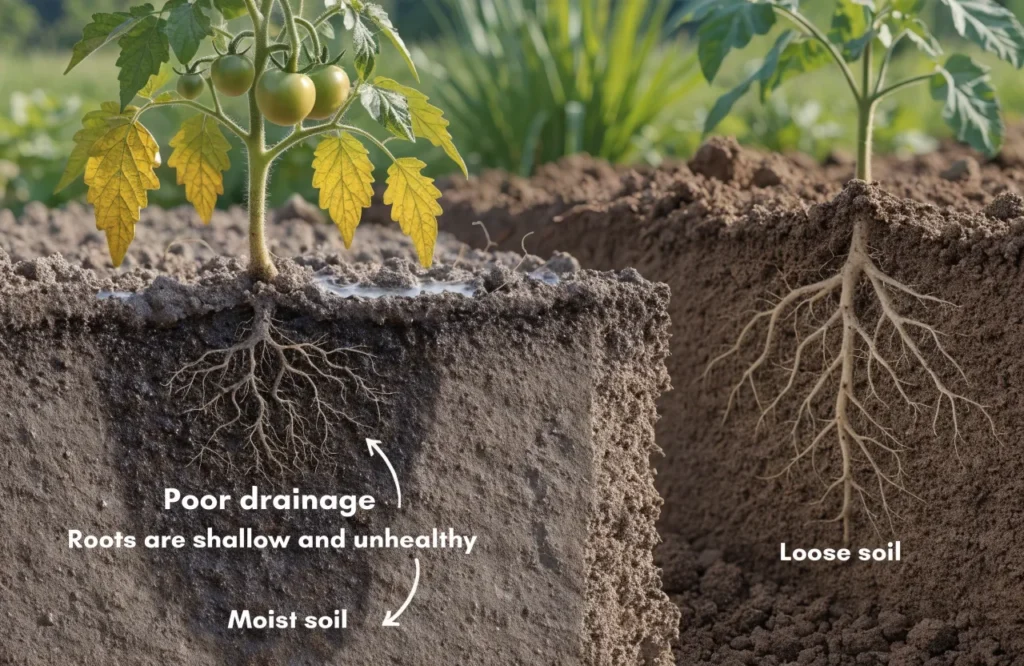 Why Are My Tomato Plant Leaves Turning Yellow? 18 Causes & Easy Fixes 14 Tomato plant with yellowing leaves growing in compacted, poorly drained soil that restricts healthy root growth and nutrient uptake.