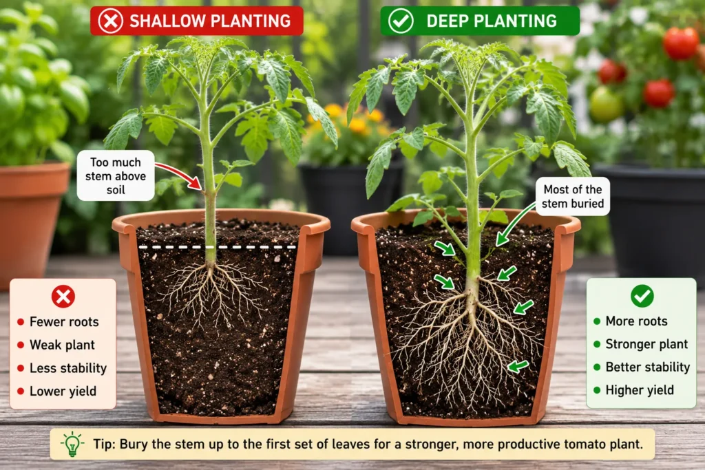 Deep planting helps tomato plants develop stronger roots