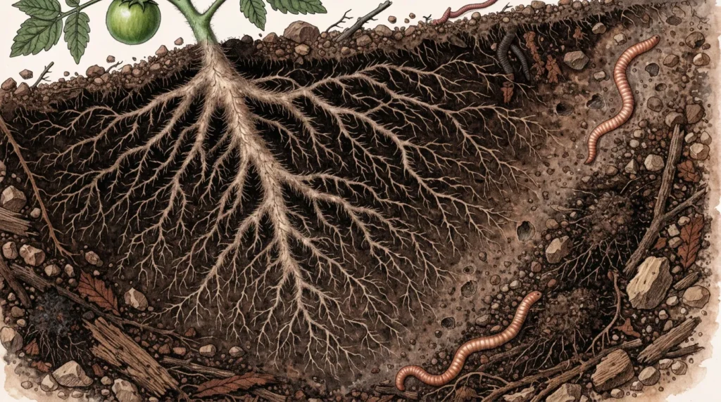 Deep tomato roots growing through loose, well-aerated soil rich in organic matter.
