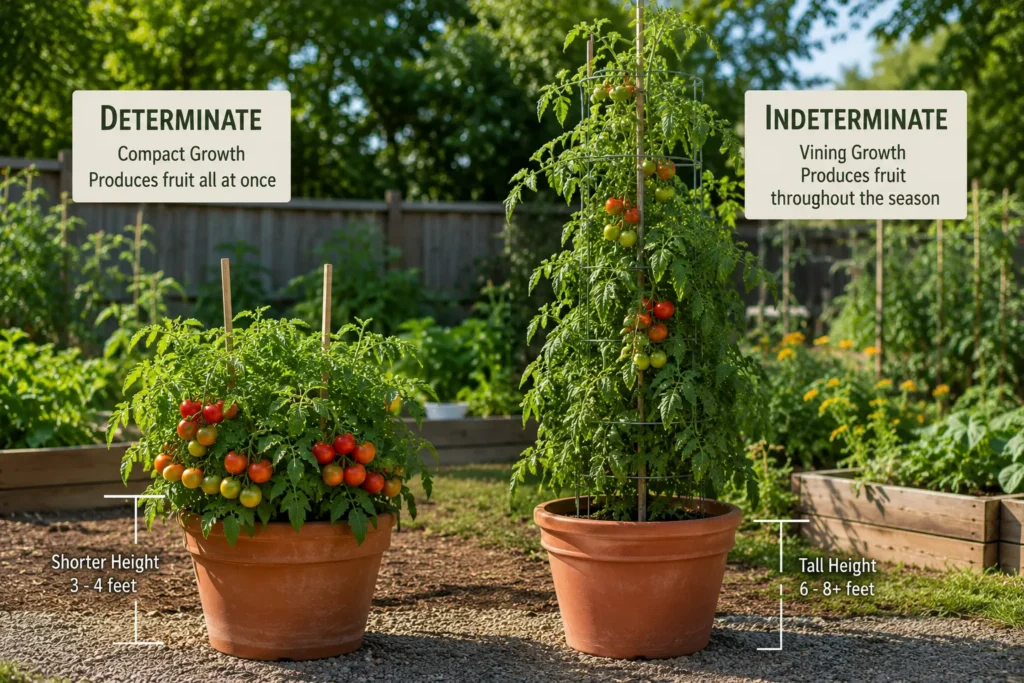 Determinate and indeterminate tomato plants growing in containers