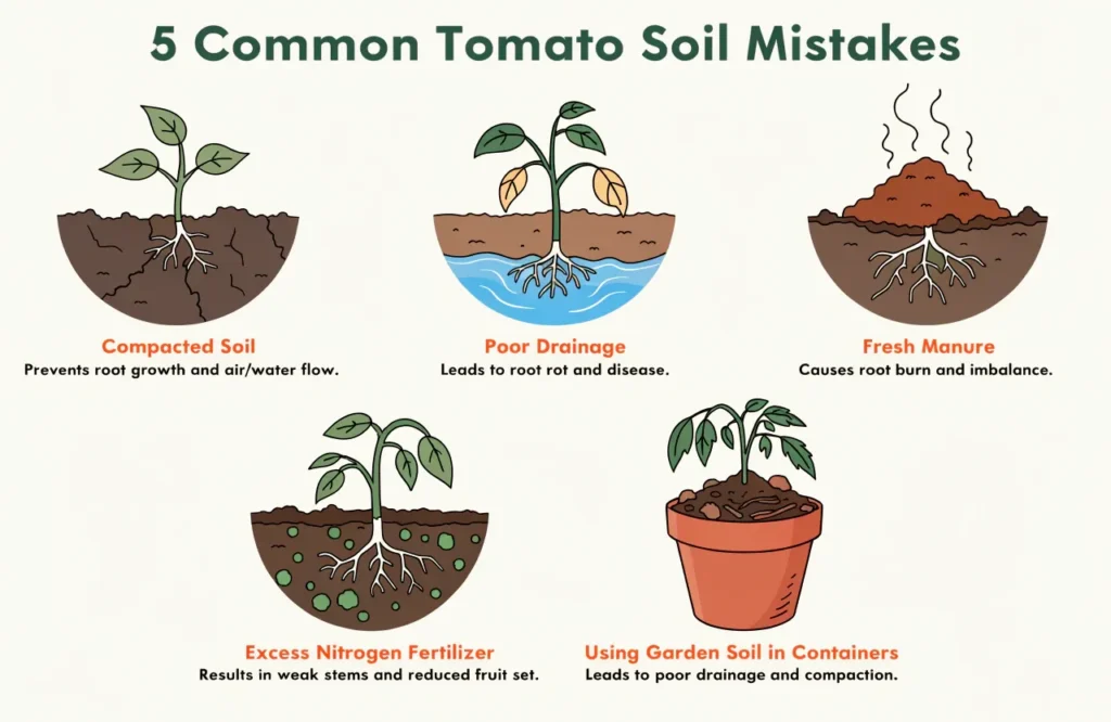 Common tomato soil mistakes that reduce plant growth and fruit production.