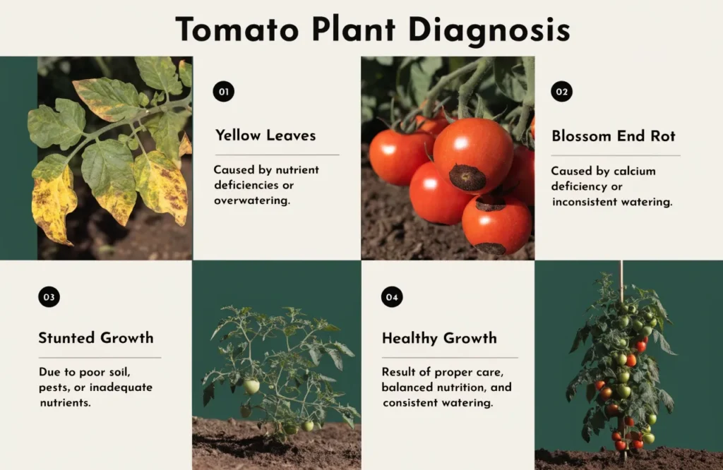 Common signs of poor tomato soil including yellow leaves, blossom end rot, and slow growth.