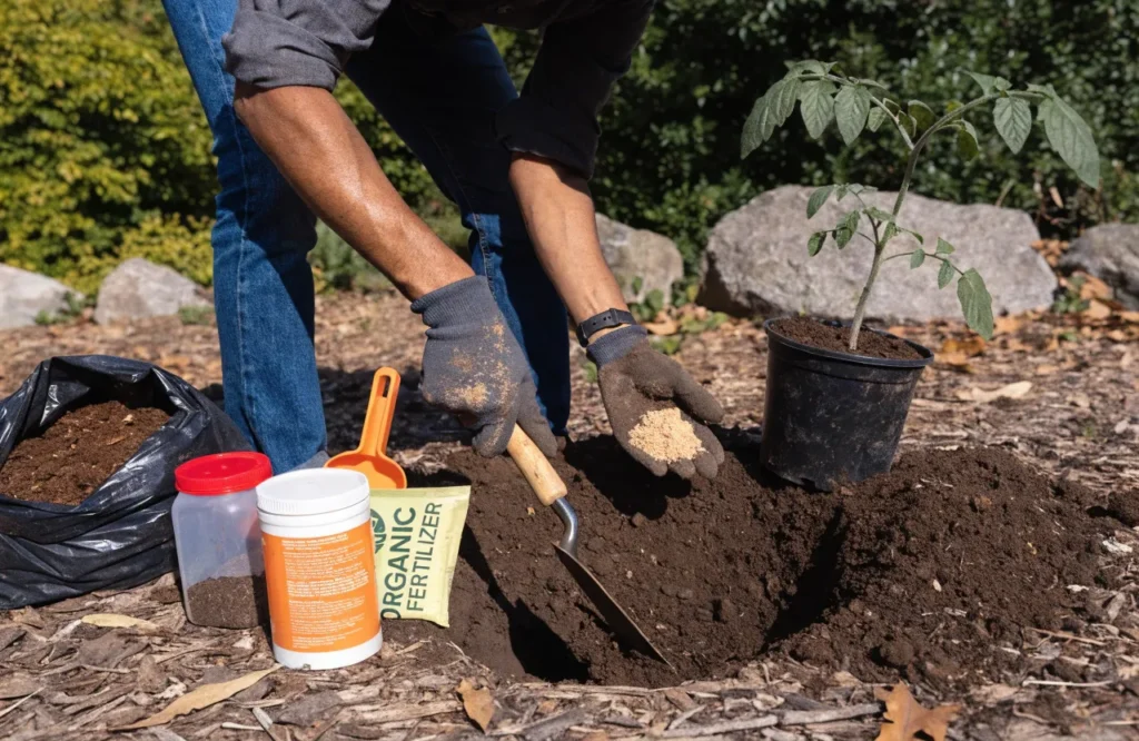Preparing a tomato planting hole with compost and organic soil amendments.