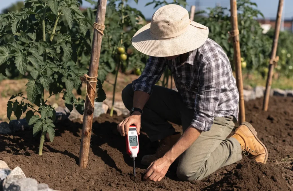 Testing soil pH in a tomato garden to ensure optimal nutrient availability.