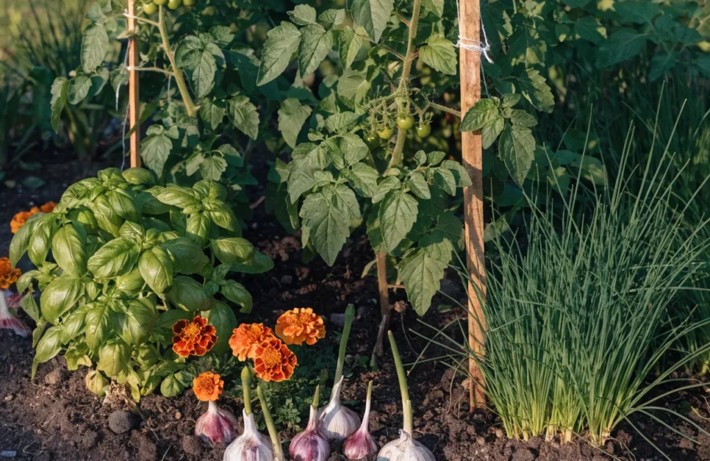 15 Best Tomato Companion Plants: What to Plant & What to Avoid for a Healthier Harvest 5 Top four tomato companion plants basil marigolds garlic and chives