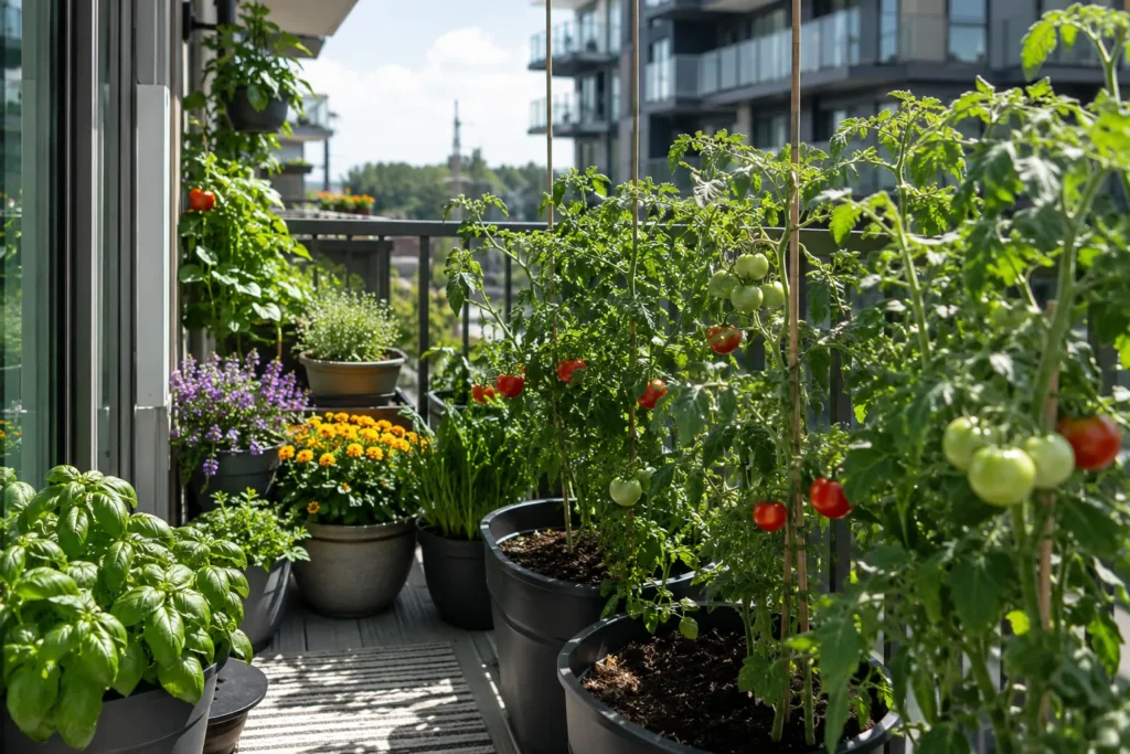 Growing tomatoes in pots on a sunny balcony garden