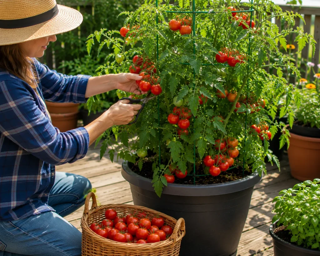 Harvesting ripe tomatoes from a potted tomato plant