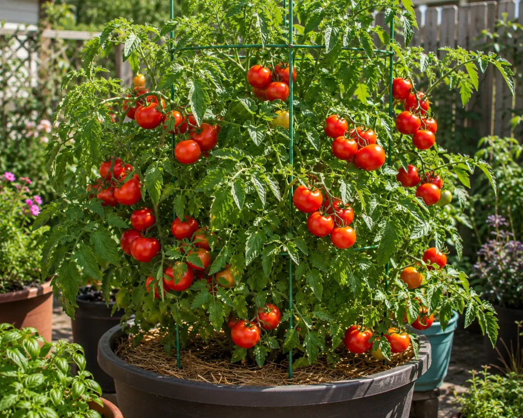 Healthy tomato plant producing abundant fruit in a container