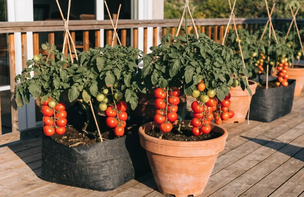 Close-up of a potted tomato plant, showing proper feeding for healthy container-grown tomatoes.