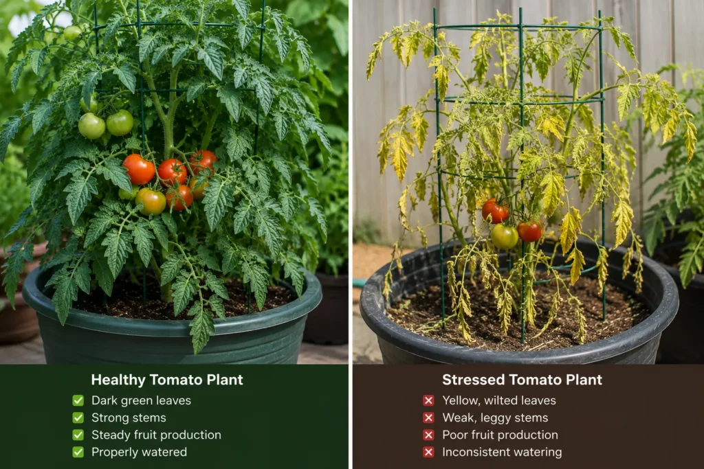 Healthy and stressed tomato plants growing in pots