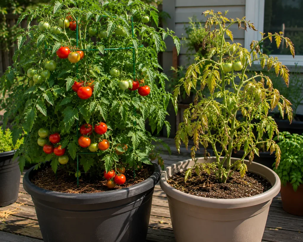 Healthy and stressed tomato plants growing in pots