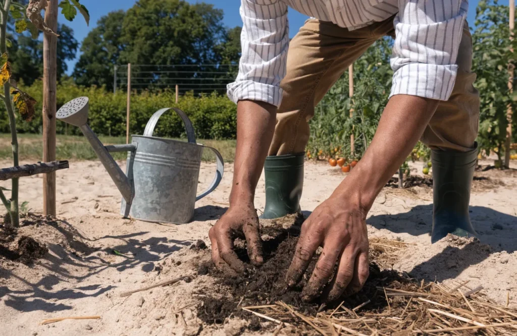 Improving sandy soil with compost and mulch to retain moisture for tomatoes.