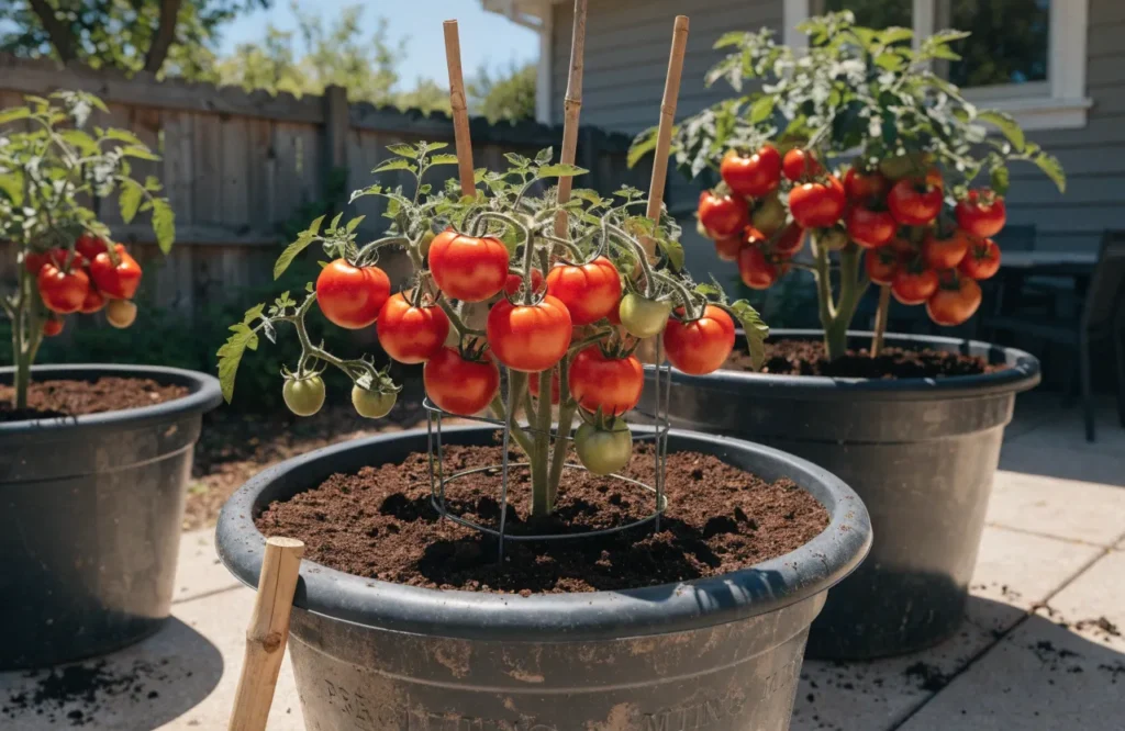 Tomato plants growing successfully in large containers filled with premium potting mix.