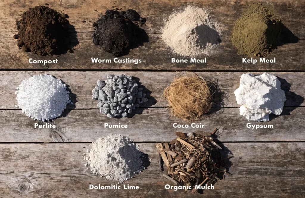 Essential organic soil amendments used to improve tomato garden soil.