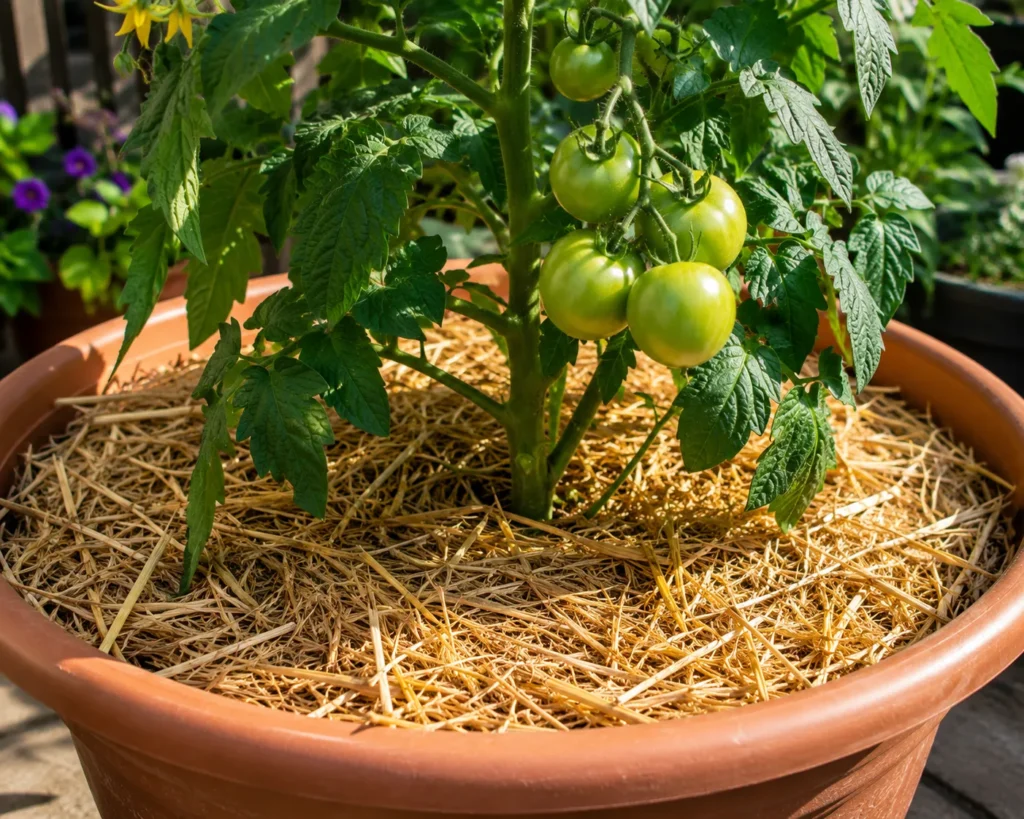 Applying mulch around tomatoes growing in pots