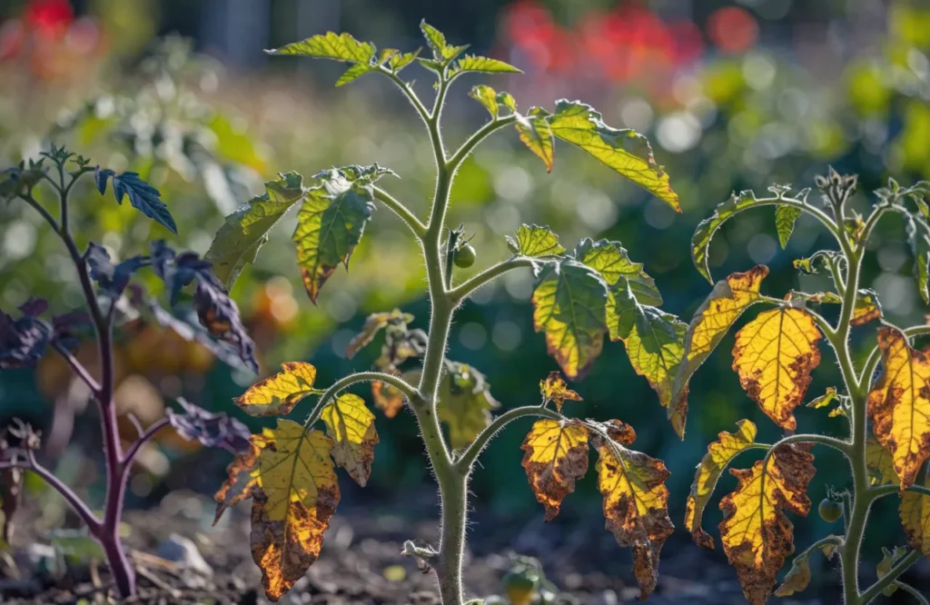 Healthy and nutrient-deficient tomato plants showing common nutrient deficiency symptoms in leaves, stems, and fruit.