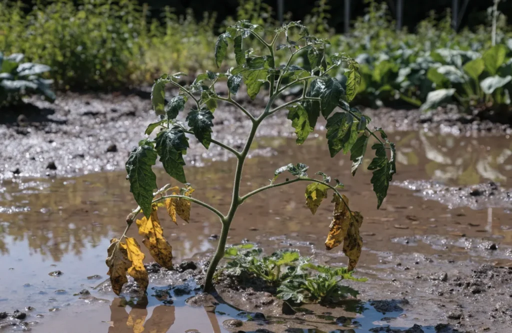Why Are My Tomato Plant Leaves Turning Yellow? 18 Causes & Easy Fixes 4 Overwatered tomato plant with yellow leaves growing in soggy soil
