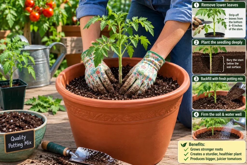 Planting a tomato seedling deeply in a container
