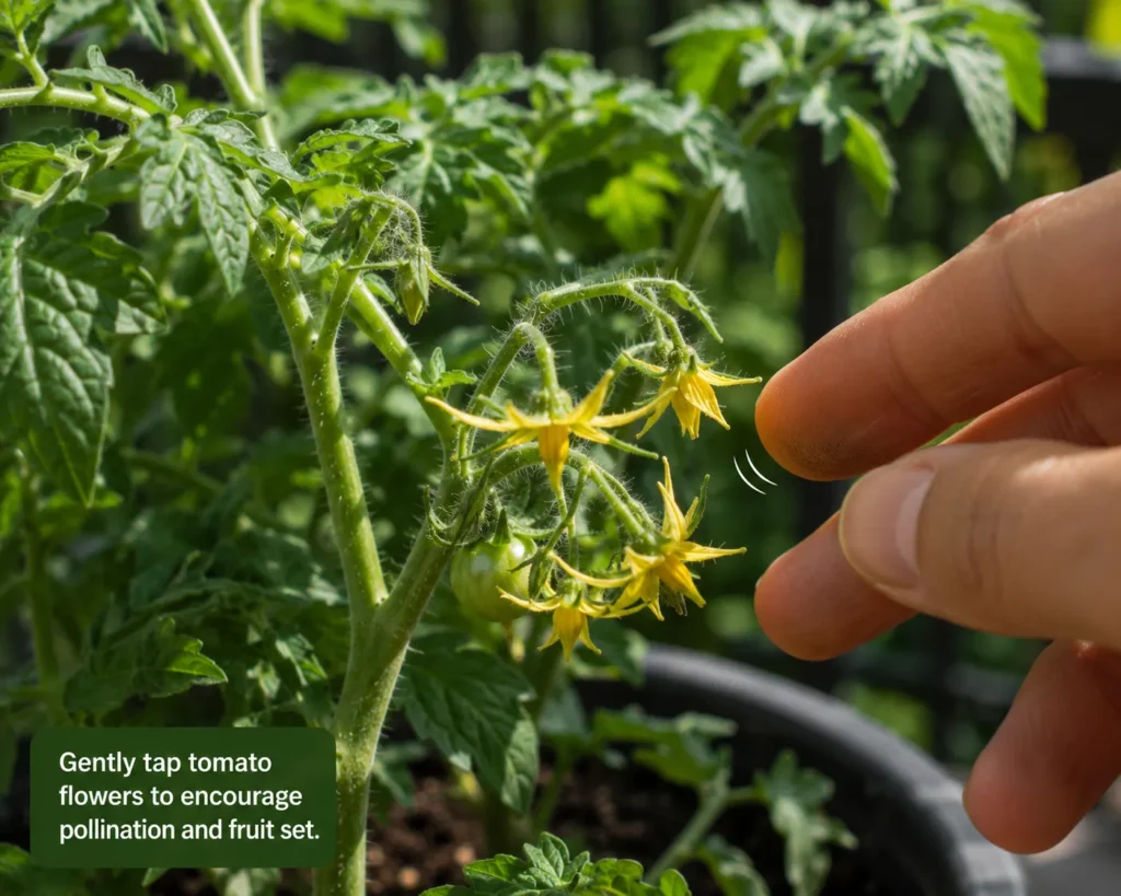 Helping tomato flowers self-pollinate in containers
