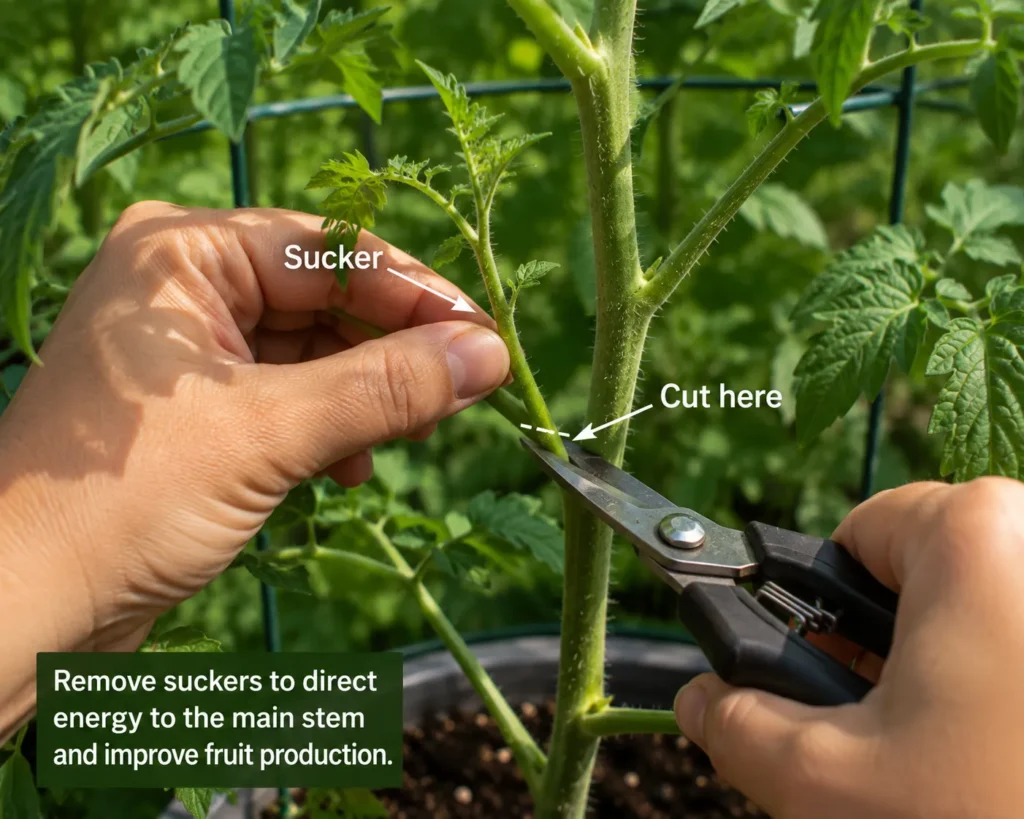 Pruning tomato suckers on an indeterminate tomato plant