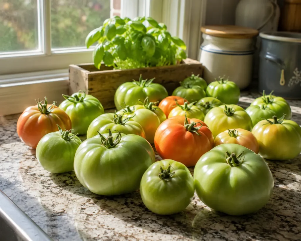 Ripening green tomatoes indoors on a countertop
