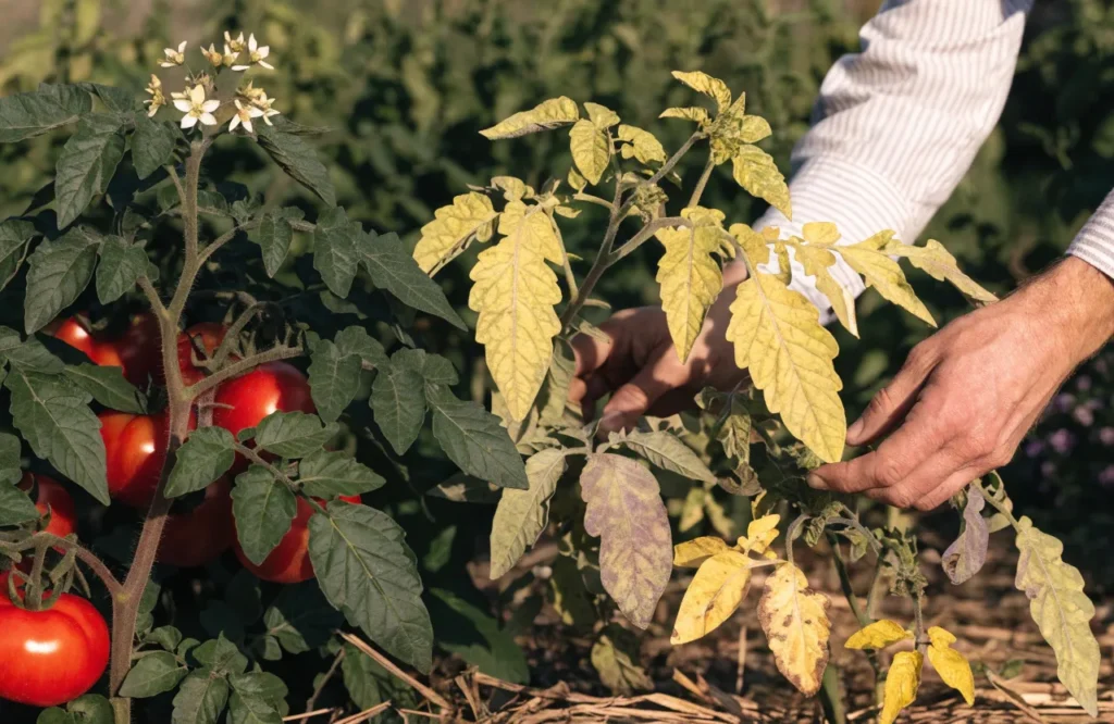 Comparison of healthy and nutrient-deficient tomato plants showing yellow leaves, slow growth, and reduced fruit production.