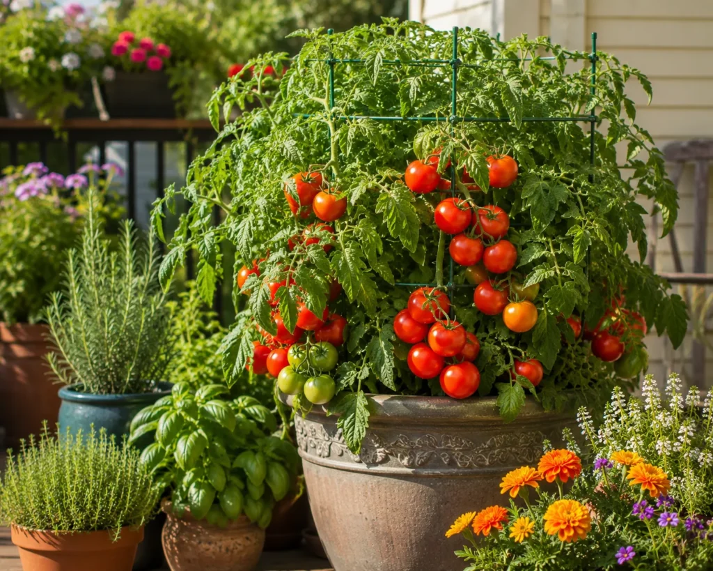 Healthy tomato plant producing ripe tomatoes in a container
