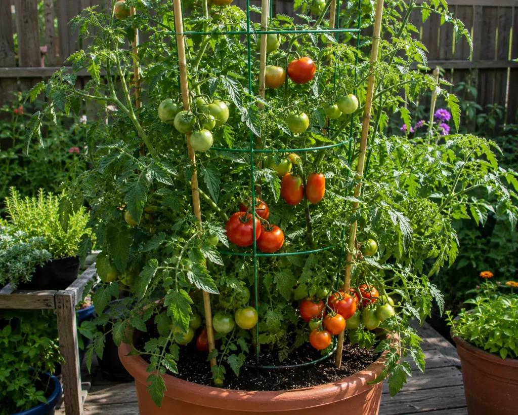 Supporting tomato plants in pots with a tomato cage