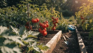 Healthy tomato plants growing in rich fertile soil in a sunny backyard vegetable garden.