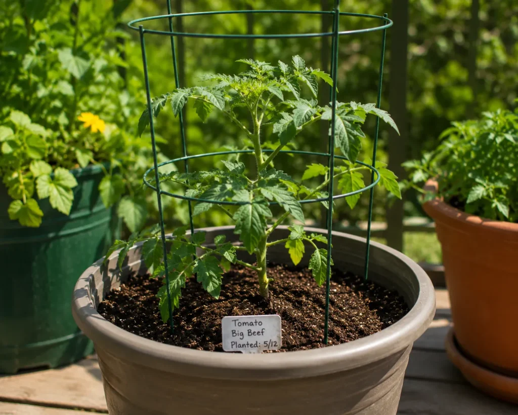Installing a tomato cage when planting tomatoes in pots
