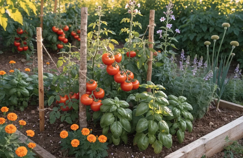 15 Best Tomato Companion Plants: What to Plant & What to Avoid for a Healthier Harvest 1 Best tomato companion plants growing together in a healthy vegetable garden