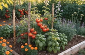 Best tomato companion plants growing together in a healthy vegetable garden