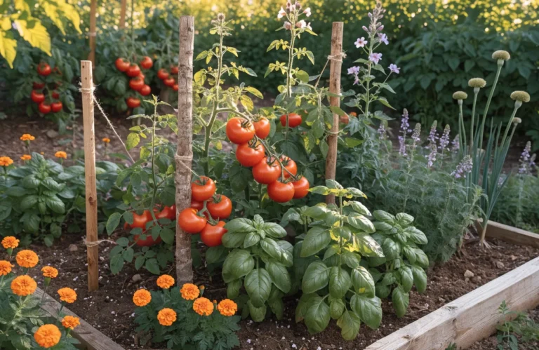 15 Best Tomato Companion Plants: What to Plant & What to Avoid for a Healthier Harvest 3 Best tomato companion plants growing together in a healthy vegetable garden