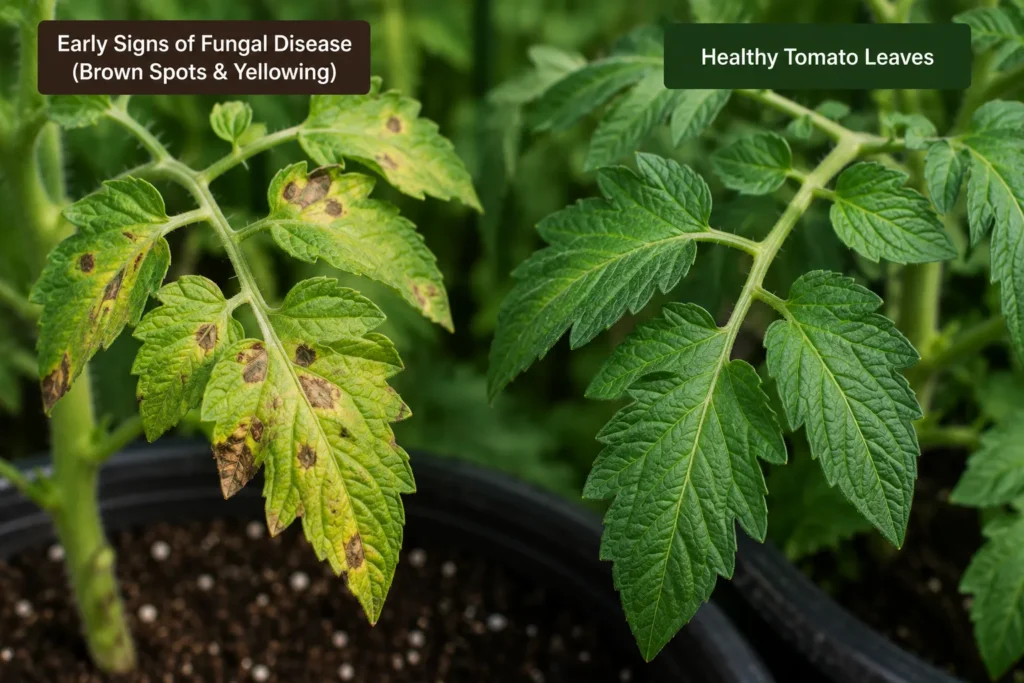 Tomato leaves showing signs of fungal disease